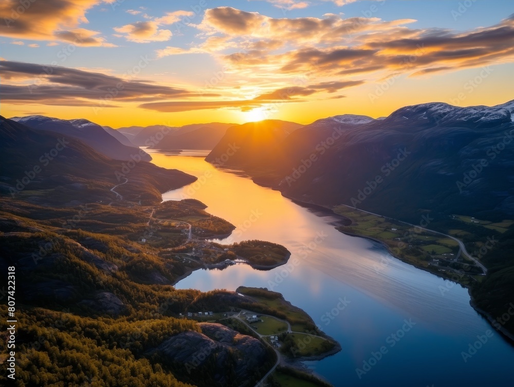 Breathtaking sunset over a serene fjord landscape