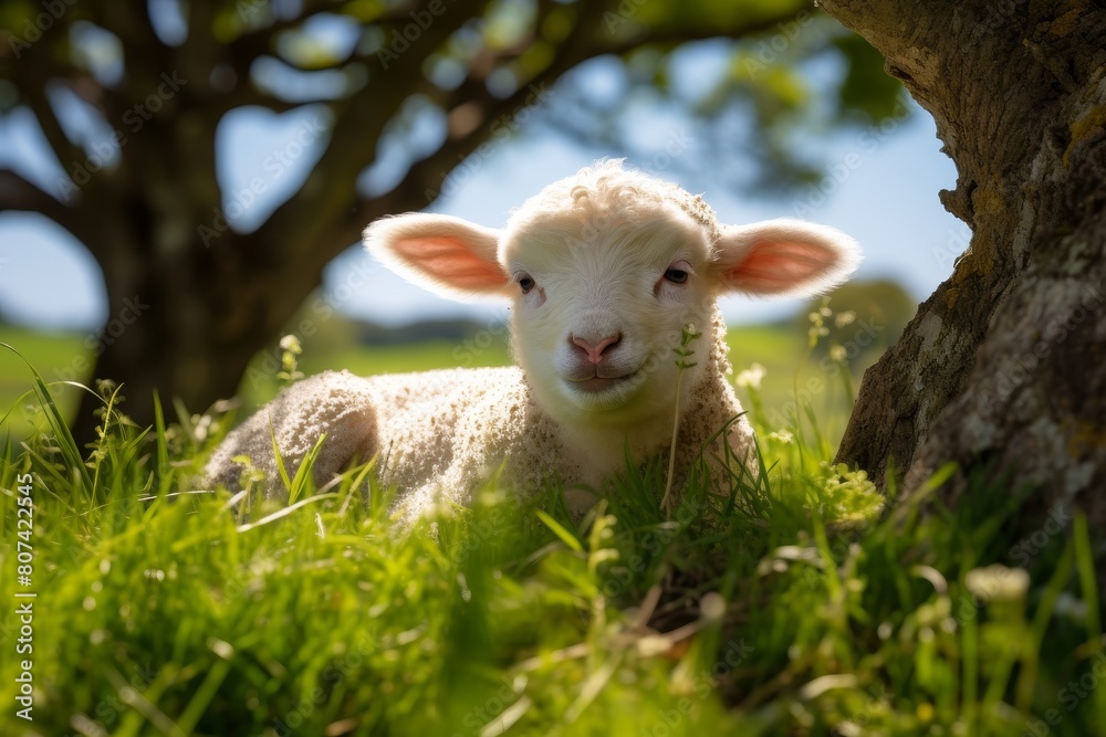 Obraz premium Adorable baby lamb in a field