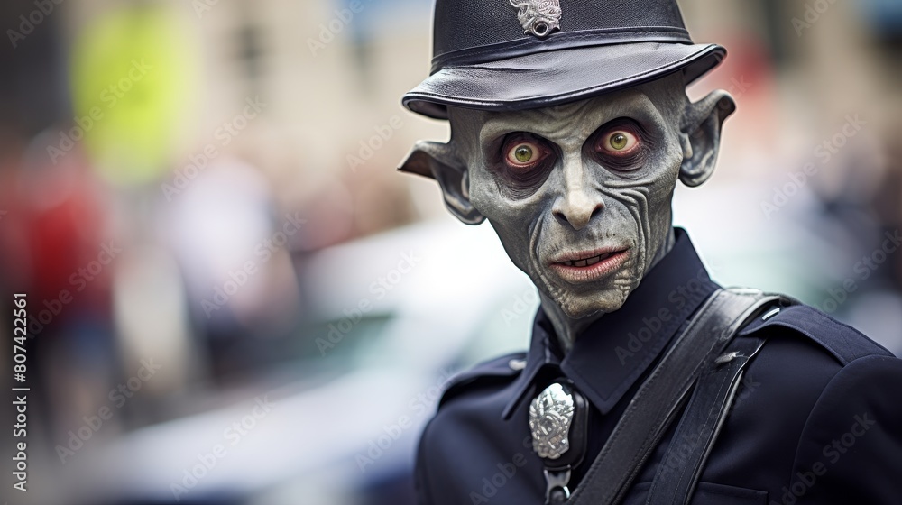 Creepy zombie police officer in uniform
