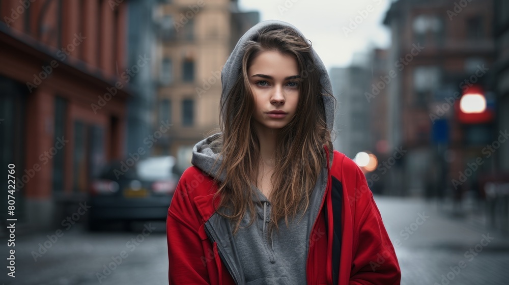 young woman in red jacket and grey hoodie standing on city street