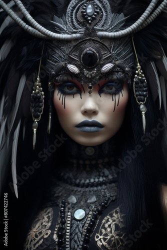 Mysterious dark goddess with ornate headpiece and dramatic makeup