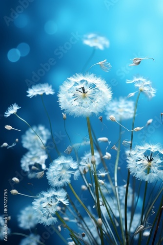 Delicate dandelion flowers blowing in the wind