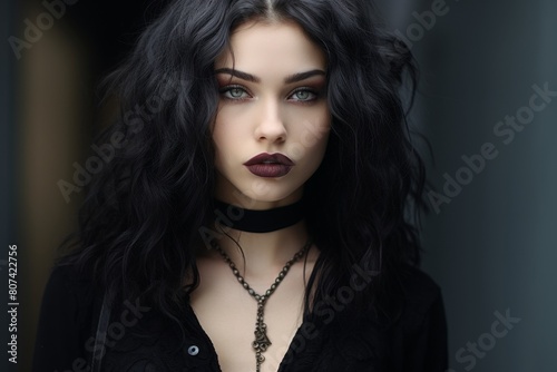 Mysterious woman with dark hair and bold makeup