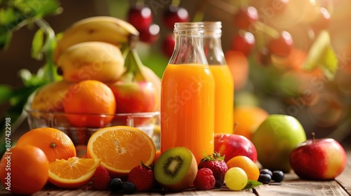 Orange Juice Bottle and Glass with Fruits