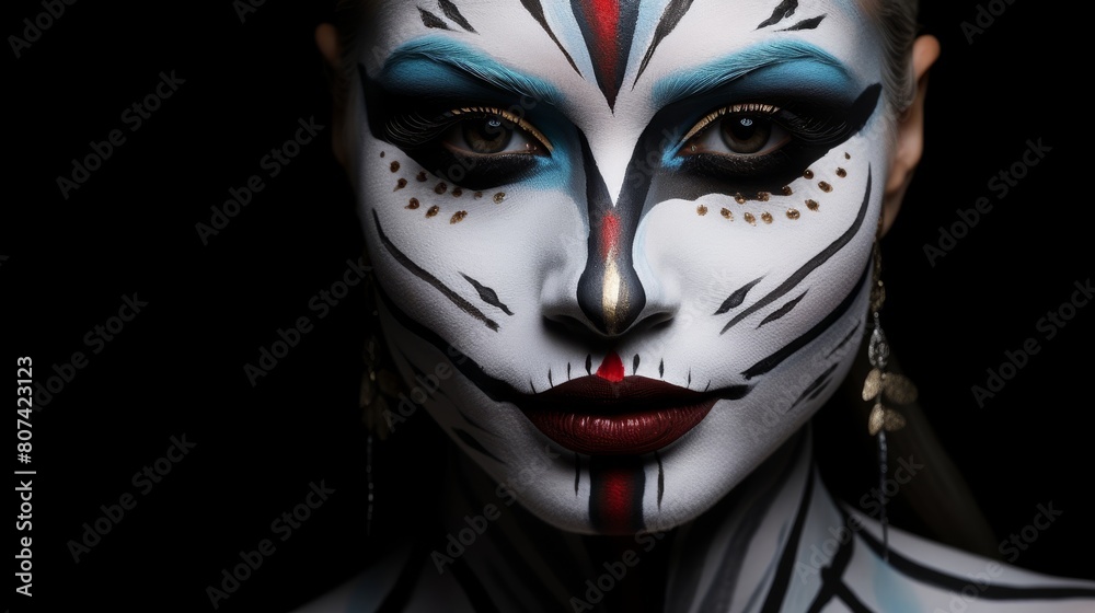 striking face paint design with bold colors and patterns