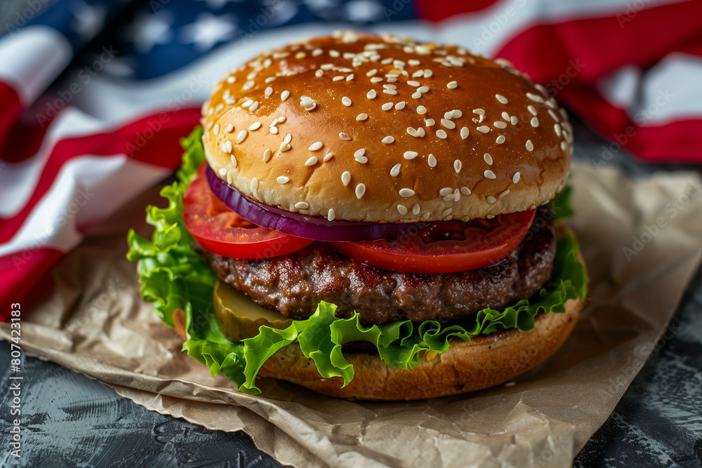 Copy Space burgers for Independence Day, showcasing mouthwatering hamburgers symbolizing American culinary heritage and patriotic traditions Copy Space burgers for Independence Day, showcasing mouthwatering hamburgers symbolizing American culinary heritage and patriotic traditions