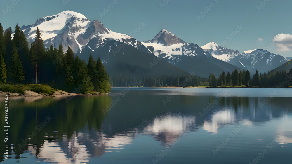 A tranquil landscape with a pristine mountain lake, reflecting the snow-capped peaks and lush forests surrounding it, highly details, upscaled image, 8k Ultra HD 