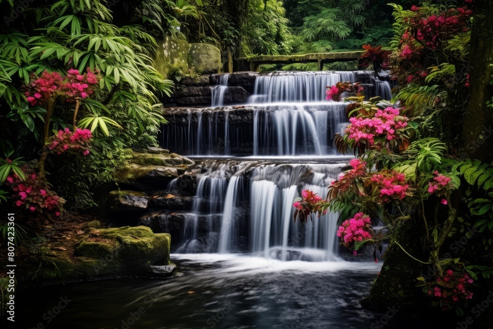 Lush tropical waterfall surrounded by vibrant flowers