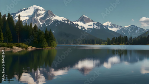 A tranquil landscape with a pristine mountain lake  reflecting the snow-capped peaks and lush forests surrounding it  highly details  upscaled image  8k Ultra HD 