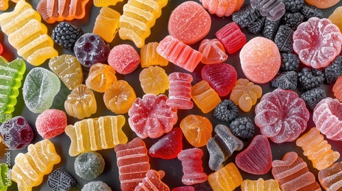 A colorful assortment of gummy bears, jelly beans, and other candies. Concept of abundance and variety, with a mix of different shapes, colors, and flavors photo