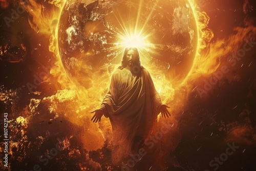 Jesus Christ looking at current global conflicts and efforts towards world peace with nuclear explosions all over the planet photo