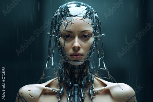 futuristic android woman with robotic implants
