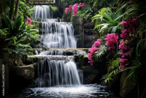 Lush tropical waterfall surrounded by vibrant flowers