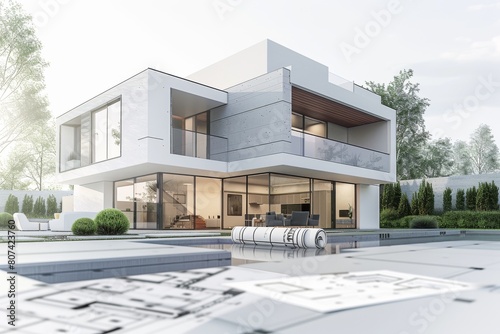 3D rendering of a modern house plan with blueprints and a white building in the background.