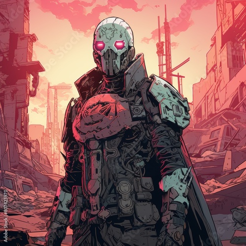 Futuristic cyborg warrior in a post-apocalyptic city photo