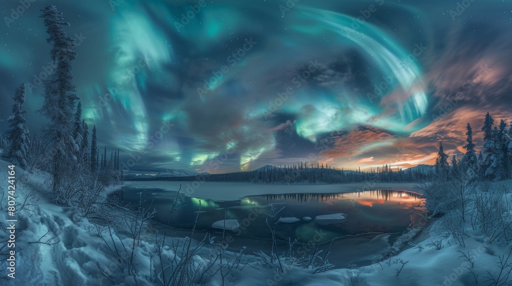 A View of the Aurora Borealis in the Sky Over a Frozen Body of Water - Generative AI