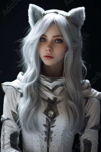 Anime-inspired woman with white hair and cat ears