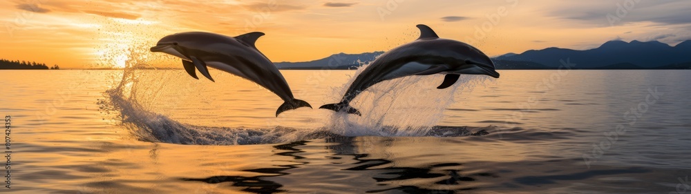 Fototapeta premium Dolphins jumping out of the water at sunset
