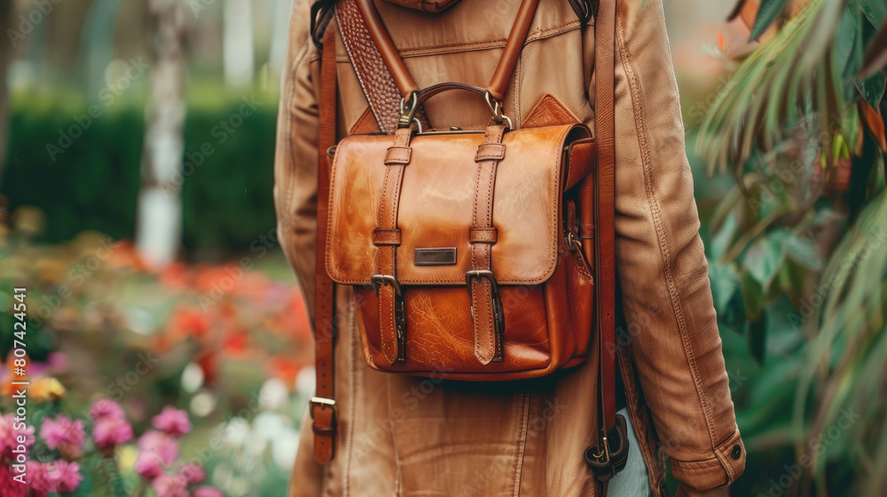 A person wearing a brown coat and carrying a brown leather bag. The bag is a messenger bag with a strap that goes across the body. The person is standing in front of a garden with flowers A person wearing a brown coat and carrying a brown leather bag. The bag is a messenger bag with a strap that goes across the body. The person is standing in front of a garden with flowers