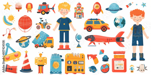 Big set of toys for a boy  vector illustration on a white background with elements and accessories to create the character of a paper doll or for a children s game