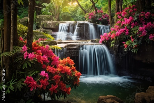 Lush tropical waterfall and flowers