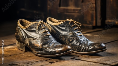 Vintage leather brogues on wooden floor photo
