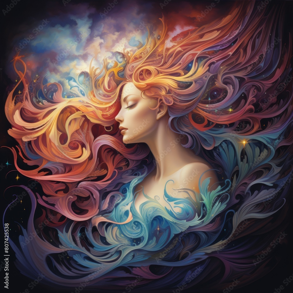 Vibrant fantasy portrait of a woman with flowing hair