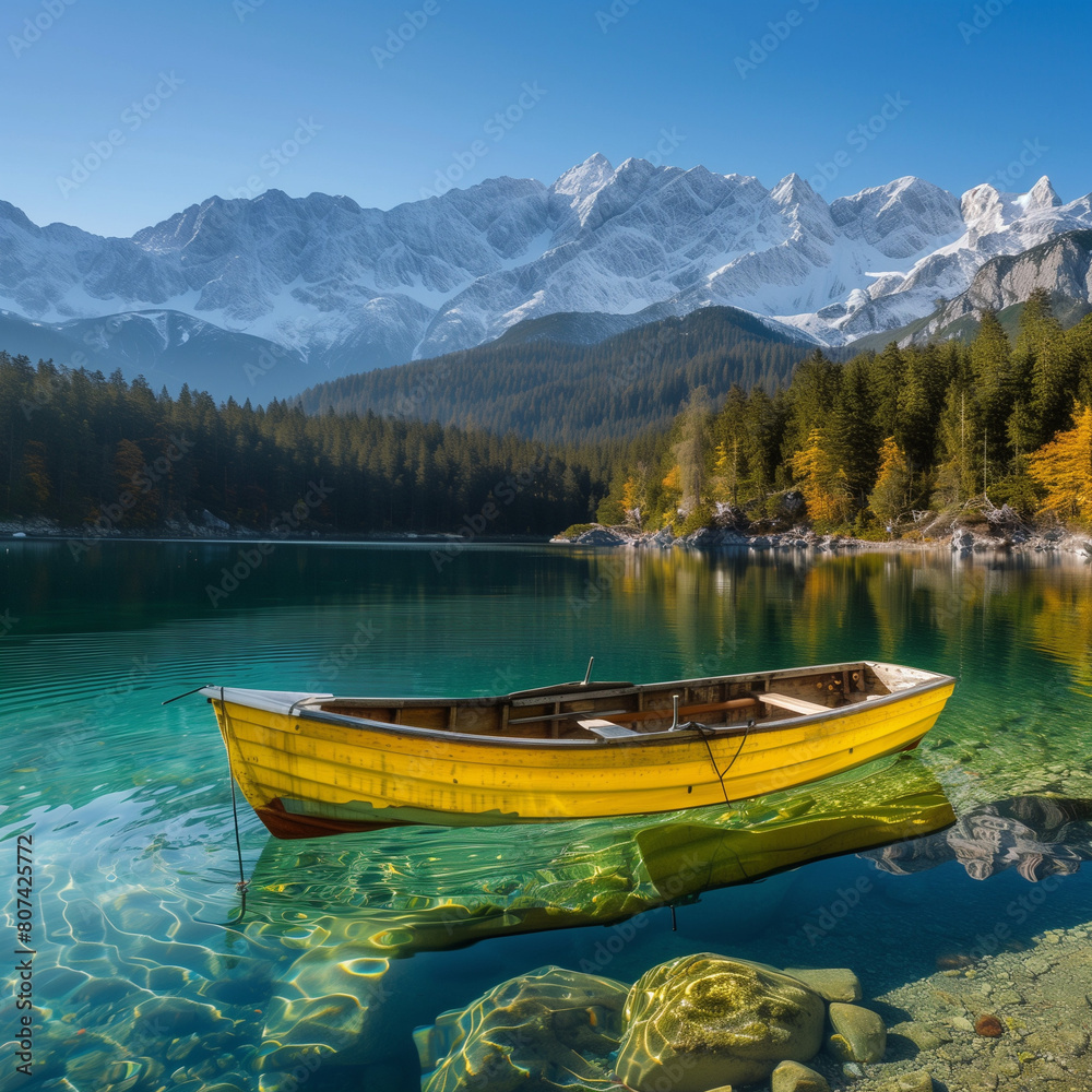 Winter Dinghy Trip in Crystal Clear Lake Against Snowy Mountains Winter Dinghy Trip in Crystal Clear Lake Against Snowy Mountains