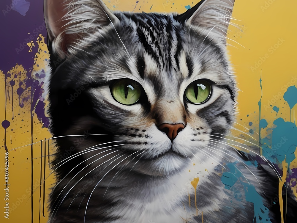 Fototapeta Painting with ink technique colorful depiction of a cat. The cat has striking green eyes and a mix of black, white, and gray fur.