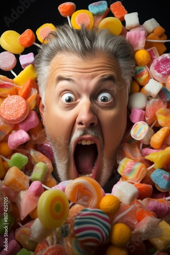 man surrounded by colorful candy