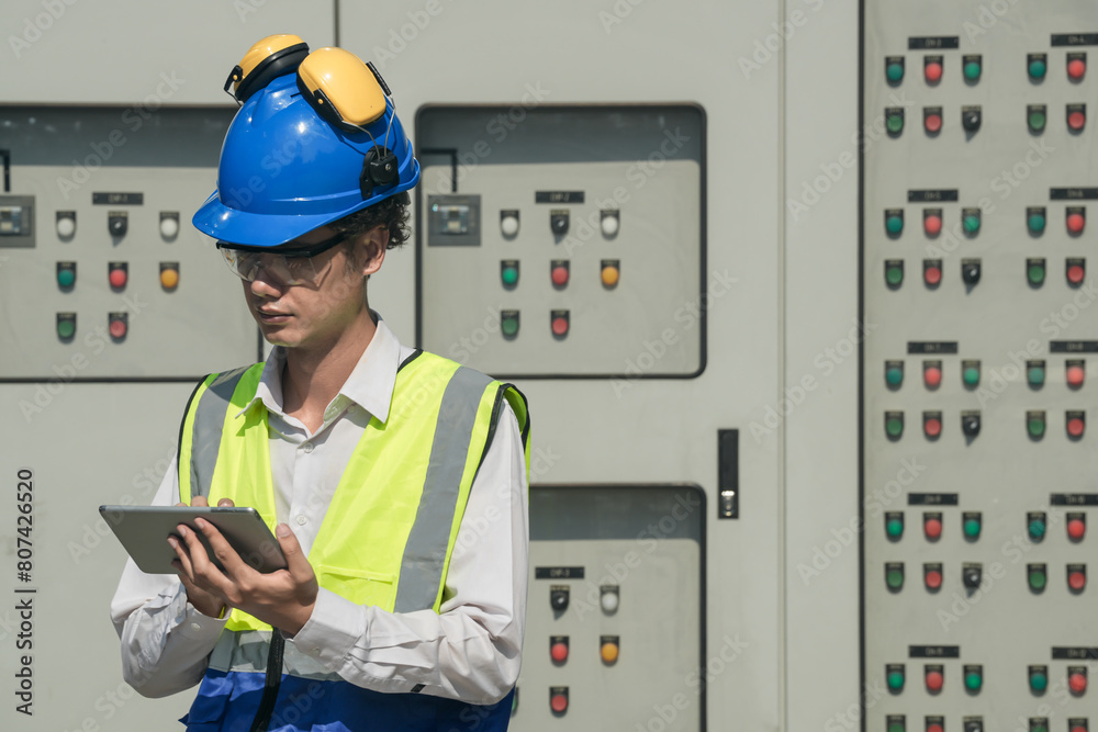 Industrial engineer working on a control panel in an urban setting, adjusting settings to optimize performance and ensure safety protocols.