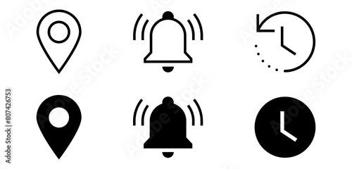 Address location icon. Notification bell icon. Timer time icon - Web icons set