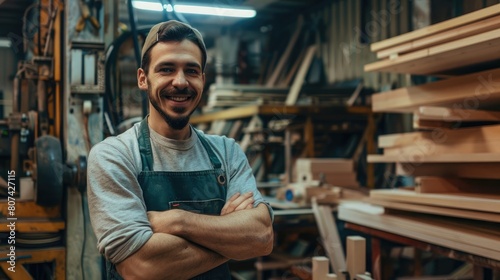 Portrait of smiling young woodworker standing next to a machine and wood material in his carpentry workshop