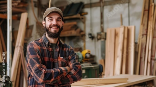 Portrait of smiling young woodworker standing next to a machine and wood material in his carpentry workshop © Moon