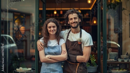 Portrait of two smiling young delicatessen owners standing together at the front entrance to their store