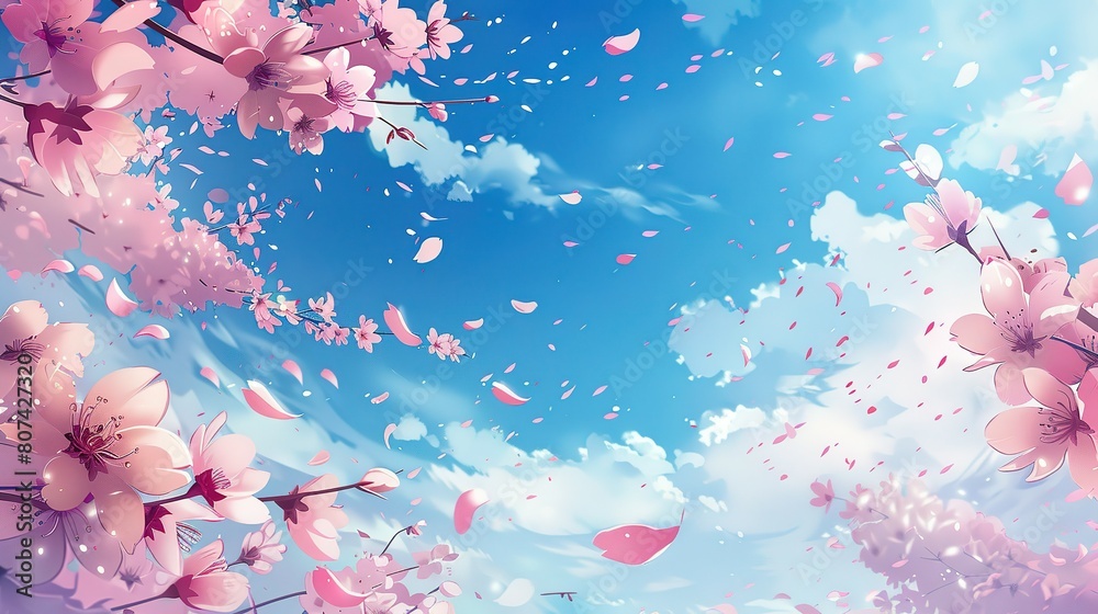 青空と桜の花びらが舞い散るイラスト、さくら 桜がふわりと散る 青空と桜の花びらが舞い散るイラスト、さくら 桜がふわりと散る