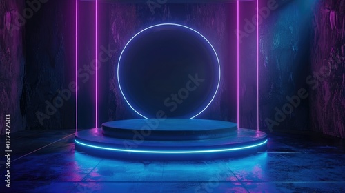Realistic dark blue 3d cylinder pedestal podium scifi abstract room with horizontal neon lighting