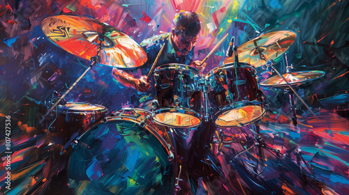 A dynamic watercolor painting of a drummer passionately playing a vibrant drum kit, showcasing the energy and creativity of live music with expressive, colorful strokes.