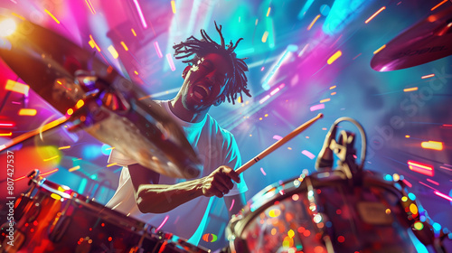 A dynamic watercolor painting of a drummer passionately playing a vibrant drum kit, showcasing the energy and creativity of live music with expressive, colorful strokes. photo