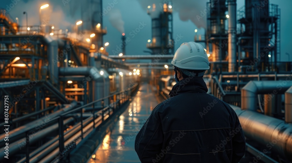 rear view of Engineer in hard-hat talking in mobile-phone, working inside oil refinery, surrounded by pumps and pipelines