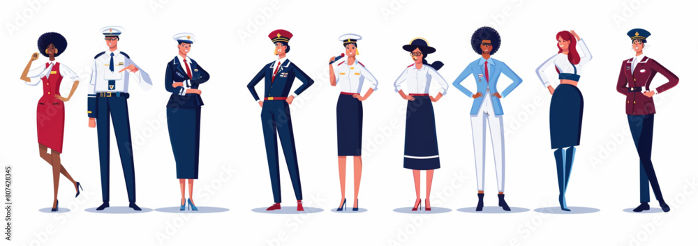 Create an illustration of various professional airplane staff characters, including flight bomber crew and cabin uniform man woman , women in beautiful dress with white background