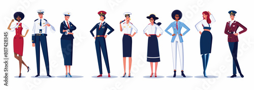 Create an illustration of various professional airplane staff characters  including flight bomber crew and cabin uniform man woman   women in beautiful dress with white background