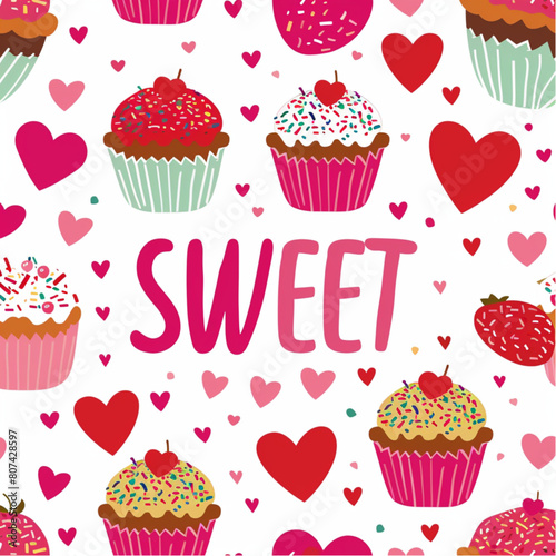 Cupcakes with heart-shaped sprinkles and the word "SWEET" written on them, a seamless pattern for fabric design with a white background