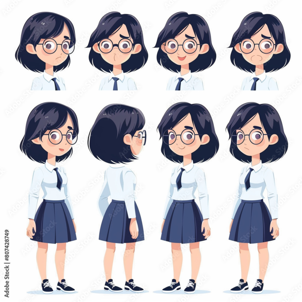 
Cute Asian girl office worker character design sheet with different facial expressions, front and side views, multiple poses