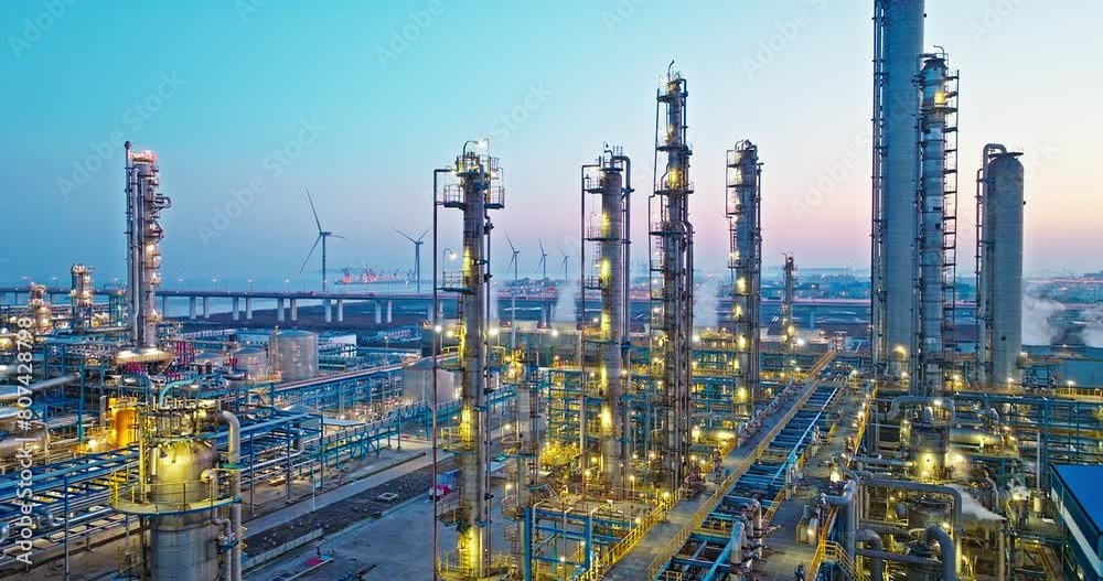 Aerial view of industrial area refinery and chemical plant at sunset