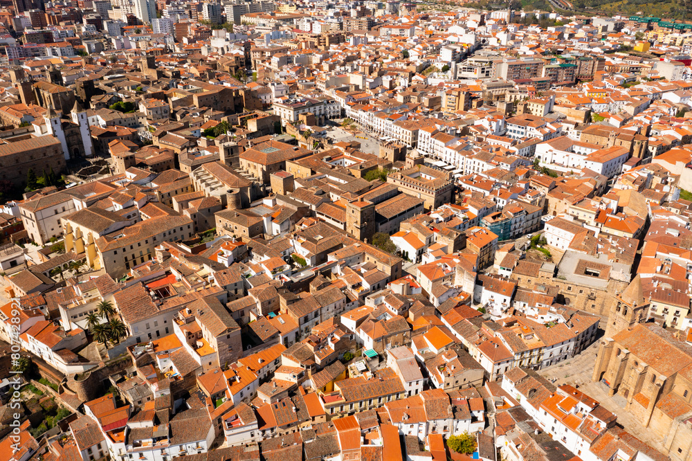 Aerial view of the administrative center and residential quarters of the city of Caceres, Spain