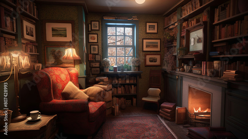 A cozy reading nook  bathed in soft lamplight  with shelves filled to the brim with books of every genre and era. A plush armchair sits invitingly by a crackling fireplace  adorned with a colorful thr