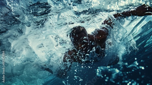 A man is swimming in the water with his arms stretched out in front of him.