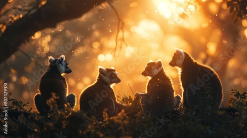 Three Lemurs Sitting Together in the Grass Under a Tree With the Sun Shining on Them - Generative AI