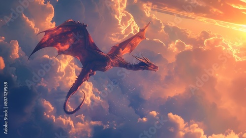 Majestic Dragon Soaring Through Dimensional Sunlit Sky in Cinematic Digital Painting photo